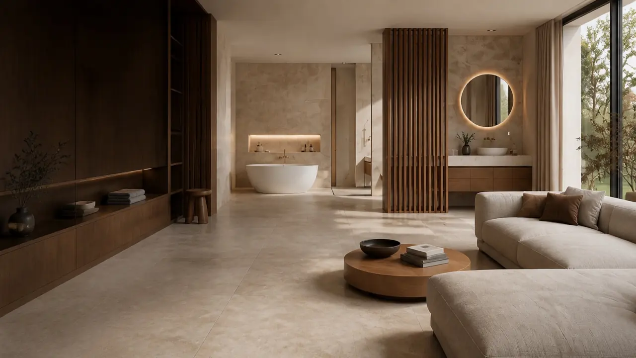 Modernes Badezimmer mit Fliesen, Badmöbeln und Wandpaneelen