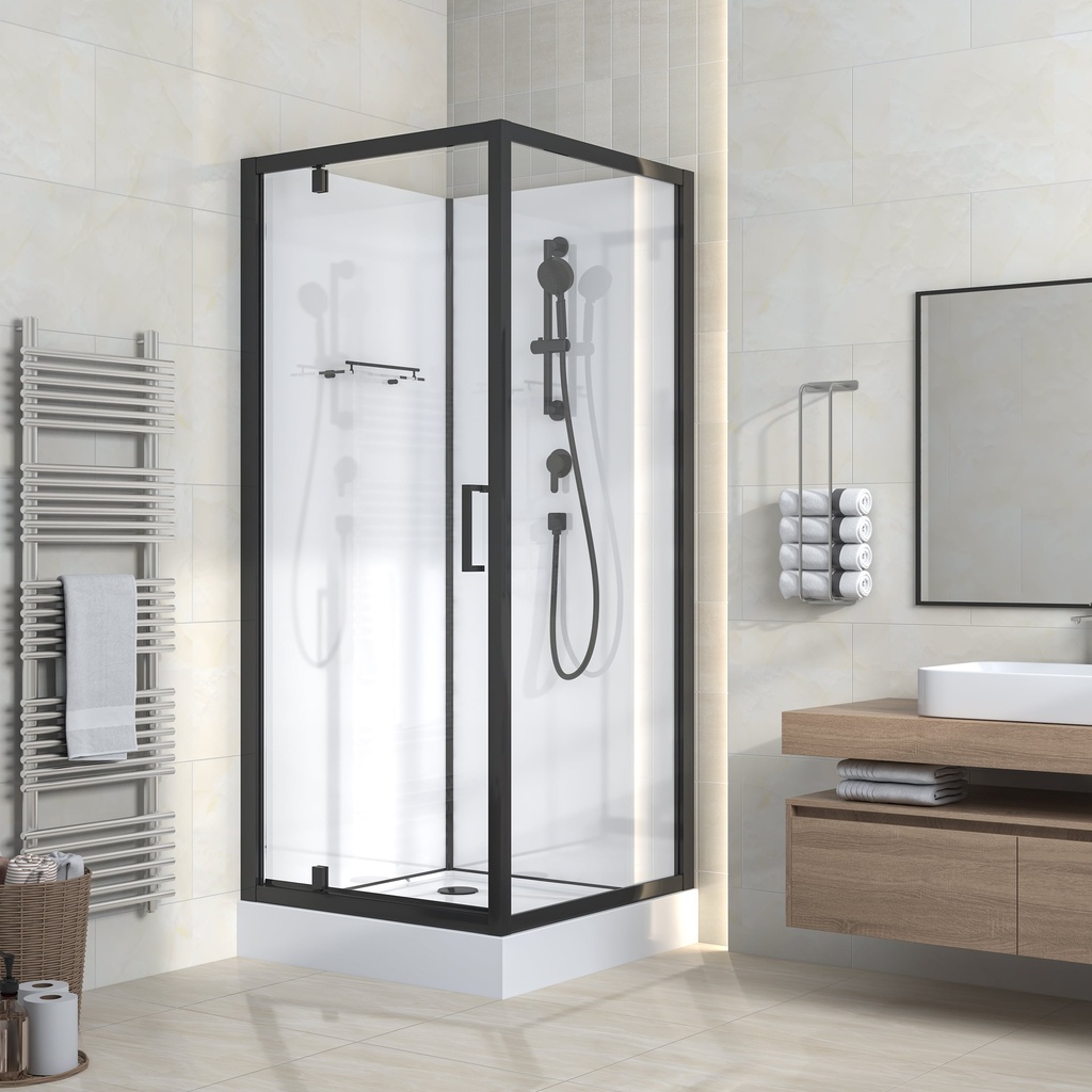 [540031955500] RIMO KOMPLETTE DUSCHKABINE MIT DREHTÜR – UMKEHRBAR – 80X215X80 CM – MATTSCHWARZ – KLARES GLAS