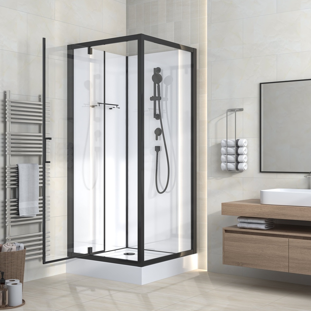 [540031955501] RIMO KOMPLETTE DUSCHKABINE MIT DREHTÜR – UMKEHRBAR – 90X215X90 CM – MATTSCHWARZ – KLARES GLAS
