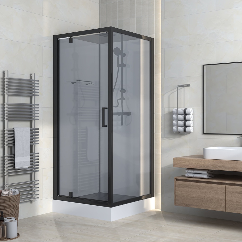 [540031955504] MARANI KOMPLETTE DUSCHKABINE MIT DREHTÜR - UMKEHRBAR - 90X225X90 CM - MATTSCHWARZ - GRAUES RAUCHGLAS