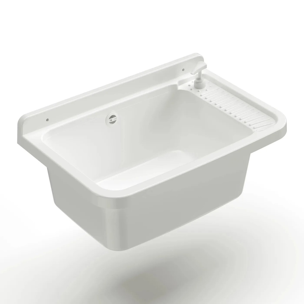 AUSGUSSBECKEN – MIT SEIFENSPENDER, WANDHALTERUNG, ABFLUSS UND SIPHON – KUNSTSTOFF (POLYPROPYLEN) – 25X40X60CM – WEISS