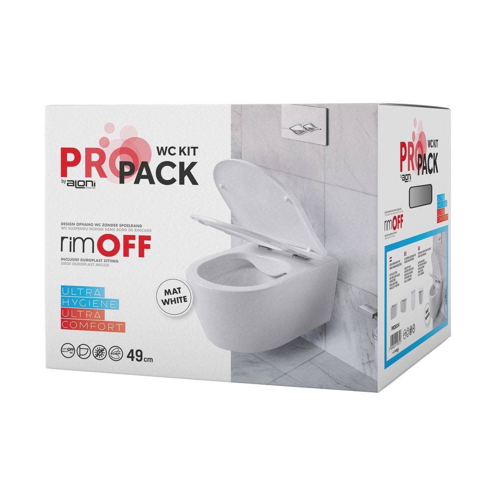 Pro Wand-WC – Spülrandlos – Mit WC-Sitz – Duroplast – Absenkautomatik – Schnell abnehmbar – Kompakt 49 cm – 36 × 25 × 49 cm – Mattweiß