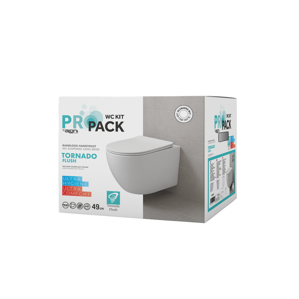Pro Wand-WC – Tornado-Spülung – Spülrandlos – Mit WC-Sitz – Duroplast – Absenkautomatik – Schnell abnehmbar – Kompakt 49 cm – 36 × 32 × 49 cm – Glänzend Weiß