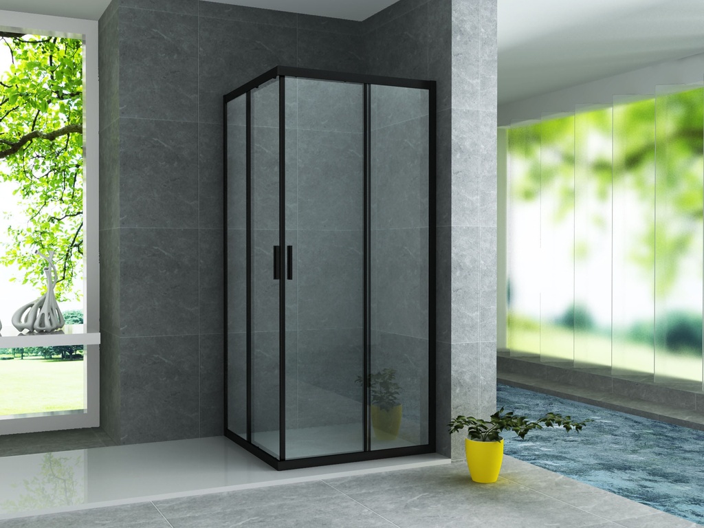 [CR-B9090] DUSCHKABINE – ECKEINTRAG MIT 2 SCHIEBETÜREN – 900X1950MM – MATTSCHWARZ – KLARES GLAS