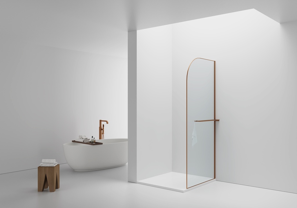 [DW-100BC] KURVIGE WALK-IN-DUSCHE MIT HANDTUCHHALTER – GEBOGEN – MIT ANTI-KALK-BEHANDLUNG – WENDBAR – 8-MM-SICHERHEITSGLAS – 100X200CM – GEBÜRSTETES KUPFER – KLARES GLAS