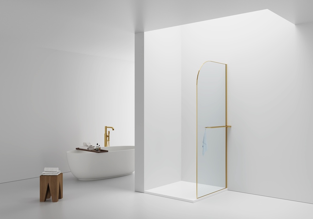 [DW-100BG] KURVIGE WALK-IN-DUSCHE MIT HANDTUCHHALTER – GEBOGEN – MIT ANTI-KALK-BEHANDLUNG – REVERSIBEL – 8-MM-SICHERHEITSGLAS – 100X200CM – GEBÜRSTETES GOLD – KLARES GLAS
