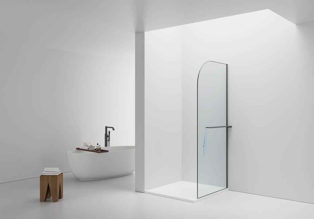 [DW-100GG] KURVIGE WALK-IN-DUSCHE MIT HANDTUCHHALTER – GEBOGEN – MIT ANTI-KALK-METALLBEHANDLUNG – WENDBAR – 8-MM-SICHERHEITSGLAS – 100X200CM – GUNMETAL – KLARES GLAS