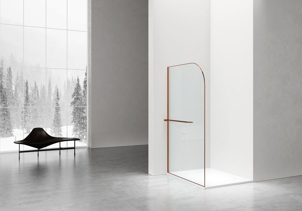 [DW-120BC] KURVIGE WALK-IN-DUSCHE MIT HANDTUCHHALTER – GEBOGEN – MIT ANTI-KALK-BEHANDLUNG – REVERSIBEL – 8-MM-SICHERHEITSGLAS – 120X200CM – GEBÜRSTETES KUPFER – GEBOGEN – KLARES GLAS