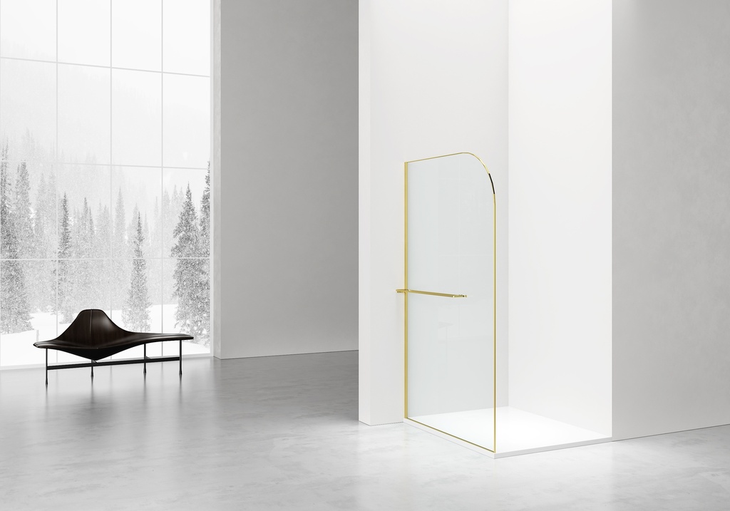 KURVIGE WALK-IN-DUSCHE MIT HANDTUCHHALTER – GEBOGEN – MIT ANTI-KALK-BEHANDLUNG – REVERSIBEL – 8-MM-SICHERHEITSGLAS – 120X200CM – GEBÜRSTETES GOLD – KLARES GLAS