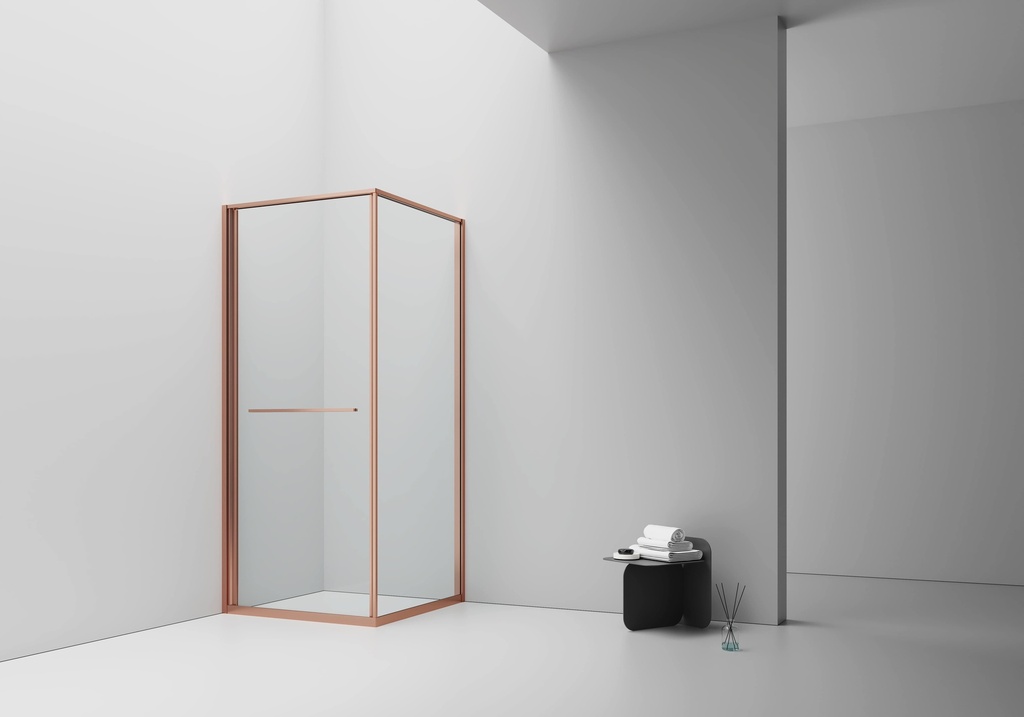[DW-9090BC] INSLIDE DUSCHKABINE – NACH INNEN ÖFFNENDE SCHIEBETÜR UND SEITENWAND – PLATZSPAREND – WENDBAR – 6 MM SICHERHEITSGLAS – 90X90X200 CM – GEBÜRSTETES KUPFER – KLARES GLAS