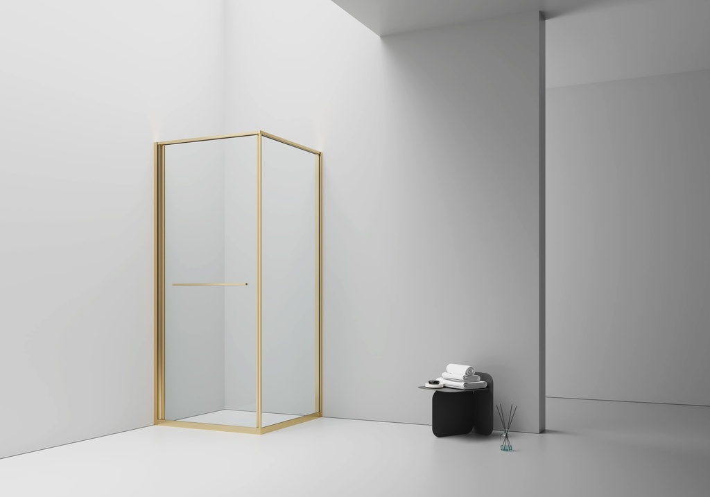 INSLIDE DUSCHKABINE – NACH INNEN ÖFFNENDE SCHIEBETÜR UND SEITENWAND – PLATZSPAREND – WENDBAR – 6 MM SICHERHEITSGLAS – 90X90X200 CM – GEBÜRSTETES GOLD – KLARES GLAS
