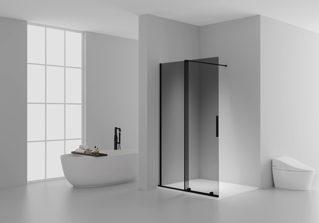[DW-C120B] X-SLIDE Walk-in-Dusche mit Schiebetür – Nischenlösung – Anti-Kalk-Beschichtung – beidseitig montierbar – 8 mm Sicherheitsglas – 120 × 200 cm – Mattschwarz – graues Rauchglas