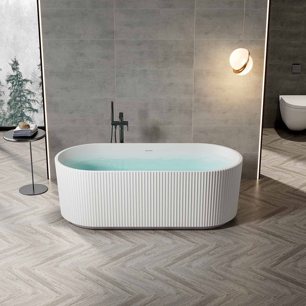 MUFFLY FREISTEHENDE BADEWANNE MIT VERTIKALEN STREIFEN – MIT ABLAUF-SET UND KLICK-ABFLUSS – ACRYL – 170X80X58 CM – MATTWEISS
