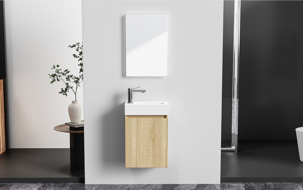 ZYRO WC-MÖBEL-SET – KOMPLETT – UNTERSCHRANK MIT 1 TÜR – GRIFFLOS – SOFT-Close – UMKEHRBAR – SPIEGEL – BRUNNEN – 40,5 x 22,5 cm – helle Eiche/glänzendes Weiß