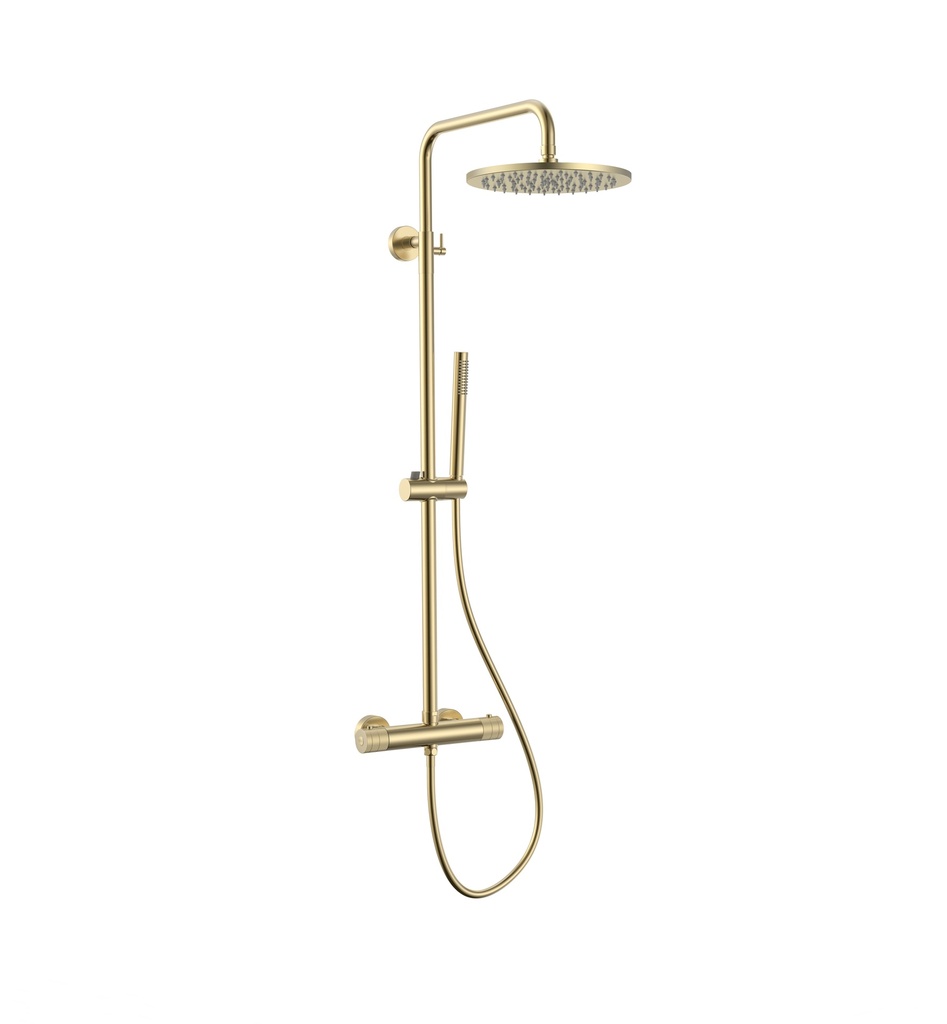 STRIA REGENBRAUSE-SET – THERMOSTATISCH – COOL TOUCH – KOPFBRAUSE 30 CM – DESIGN – KNÖPFE MIT RAFFINIERTER RIPPENSTRUKTUR – BELGAQUA – GEBÜRSTETES GOLD (PVD)