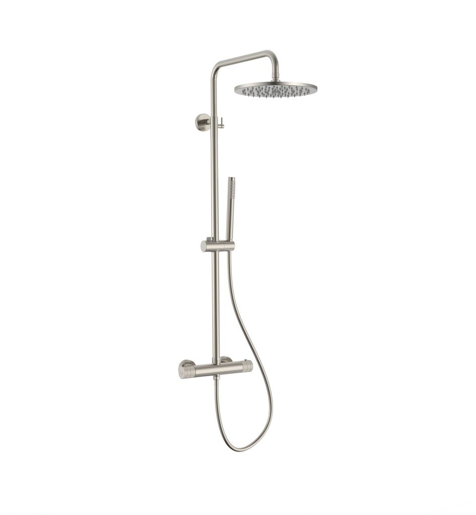 [PRMOPT1-RVS] STRIA REGENBRAUSE-SET – THERMOSTATISCH – COOL TOUCH – KOPFBRAUSE 30 CM – DESIGN – KNÖPFE MIT RAFFINIERTER RIPPENSTRUKTUR – BELGAQUA – GEBÜRSTETER EDELSTAHL